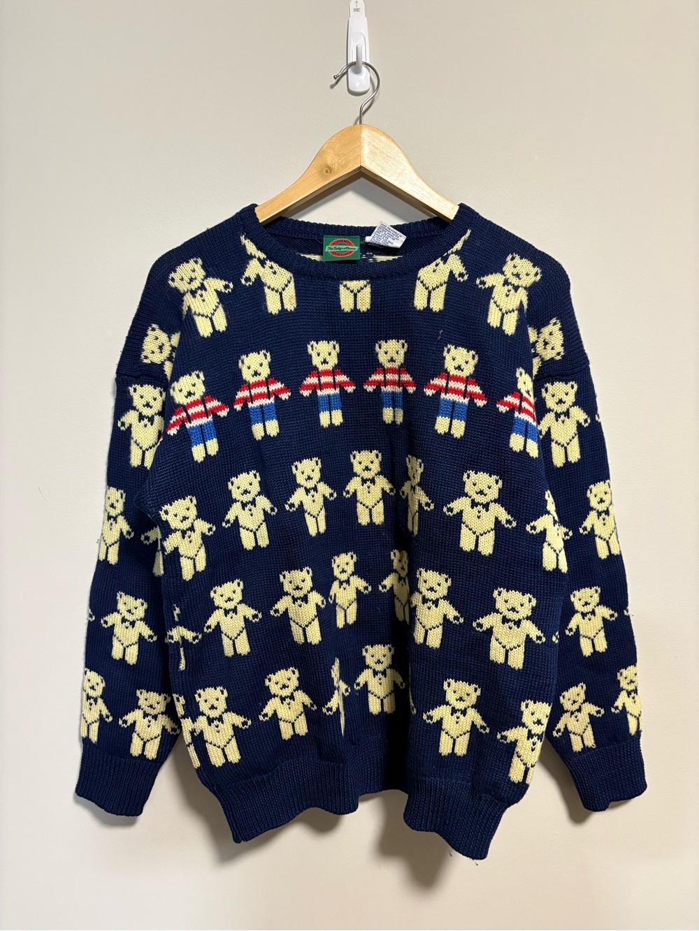 Vintage Teddy Bear 100% Wool Sweater Navy Blue Knit Size M